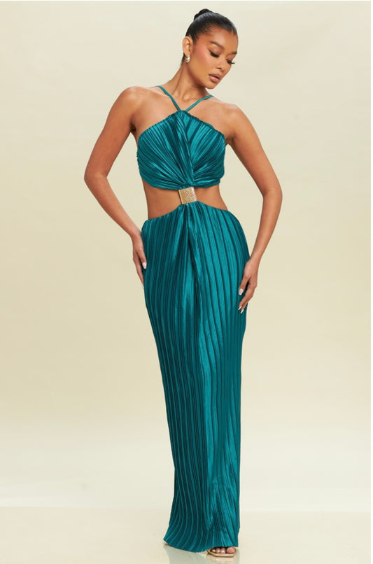 Teal Green Pleated Metal Dress