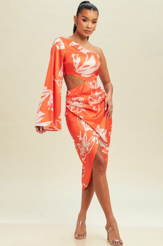 Orange Floral Midi Dress