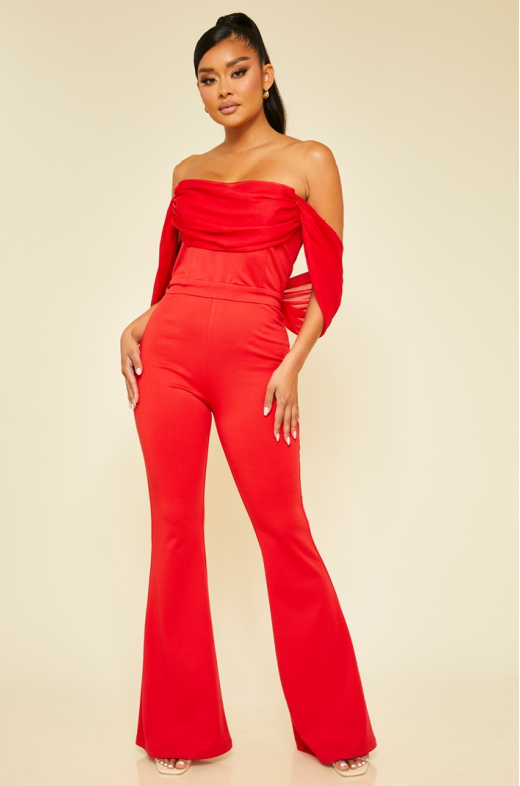 Red drape Cowl Flare Jumpsuit