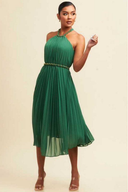 NYC Chain Trim Pleated Midi Dress