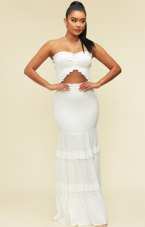 White Linen Scrunch Off Maxi Dress