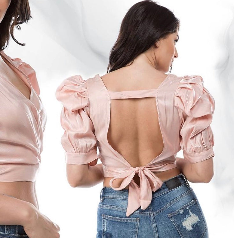 Puff Sleeve With Back Back Tie Waist Top