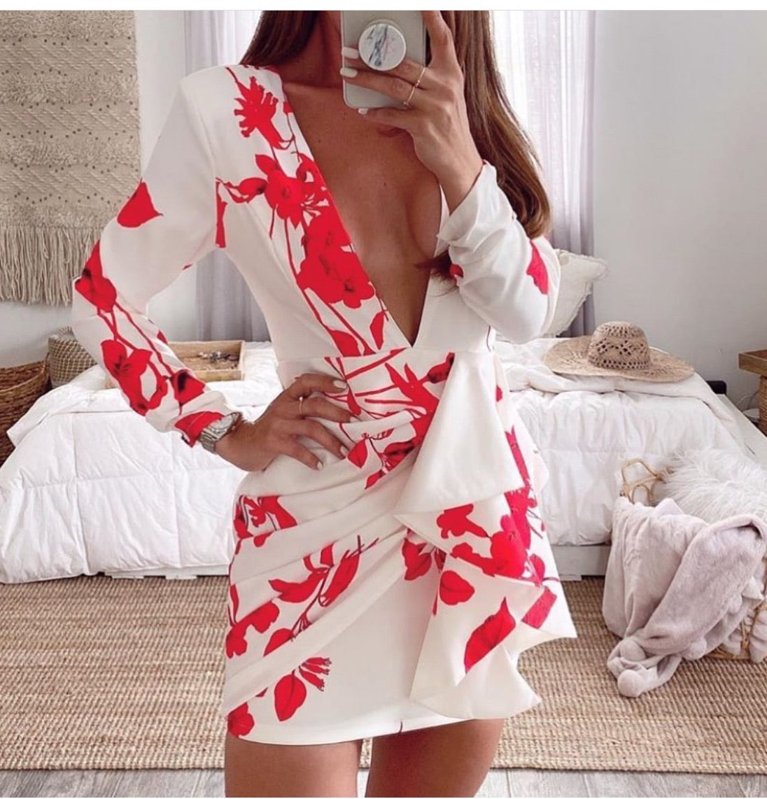 Red Flowers White Dress